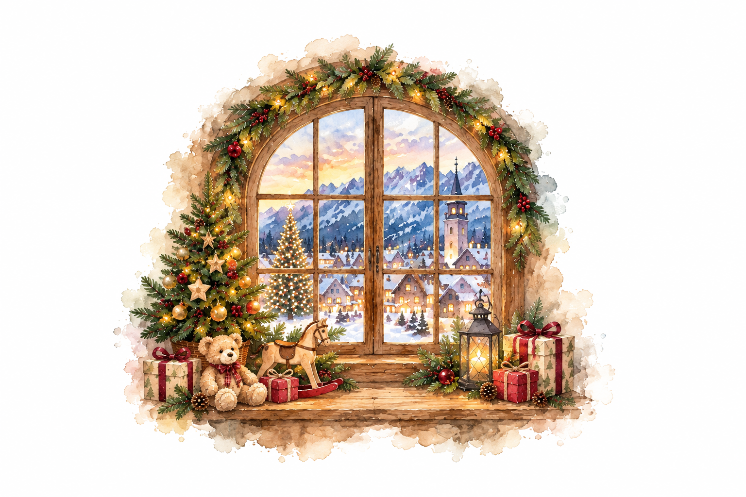 Watercolour illustration of the Christmas toy-room set, with a glowing winter window, Christmas tree, teddy bear and rocking horse